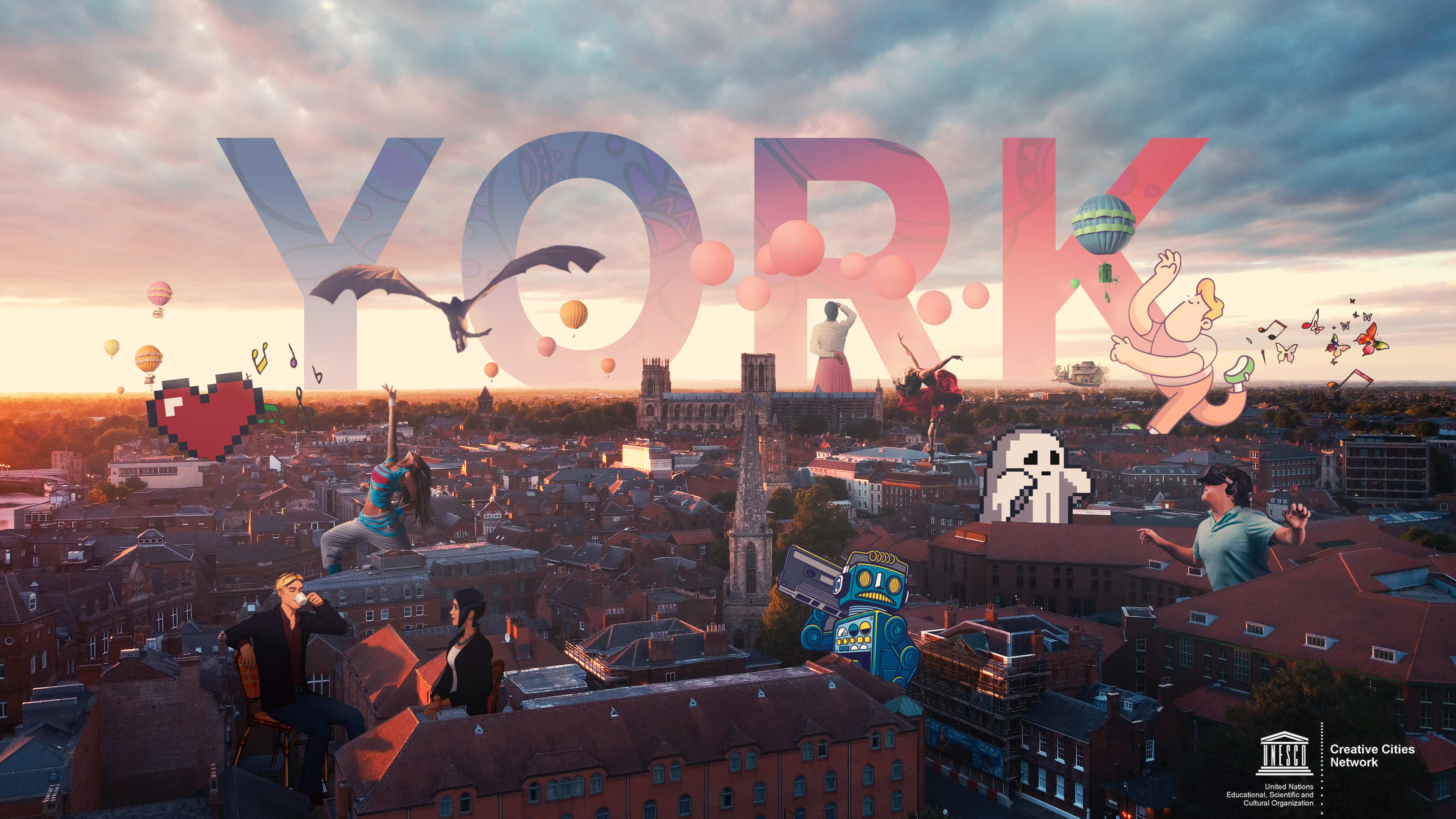 York skyline with large YORK lettering and illustrations celebrating the city’s creative industries
